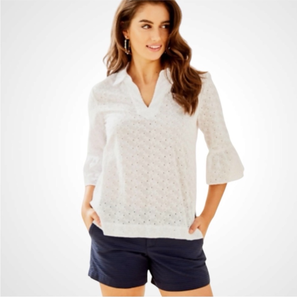 Lilly Pulitzer Ginger White Eyelet Blouse with Bell Sleeves